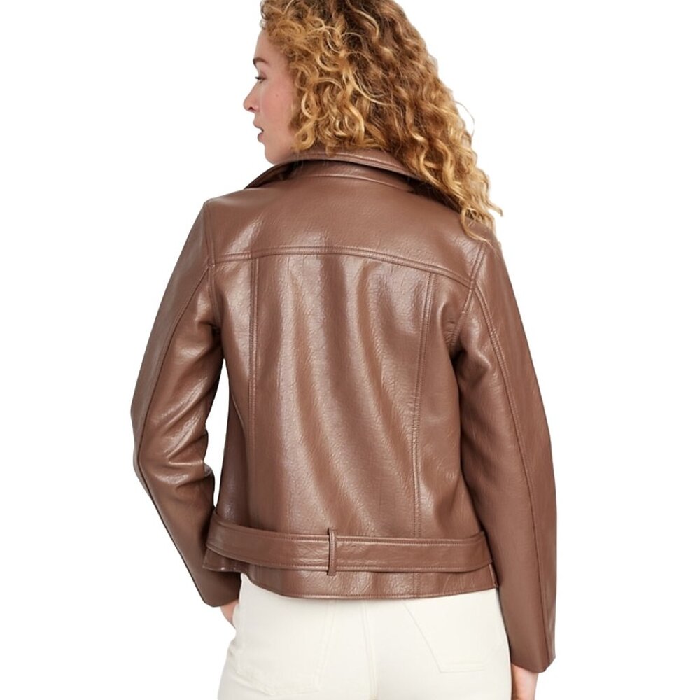 NWT Old Navy Brown Moto Jacket Faux Leather Biker  Waist Belt Size XXL - Picture 2 of 8